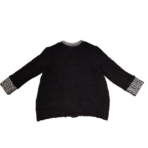 Alice + Olivia Devona Crystal Pearl Embellished Wool Blend Bouclé Black Cardigan - Picture 7 of 8